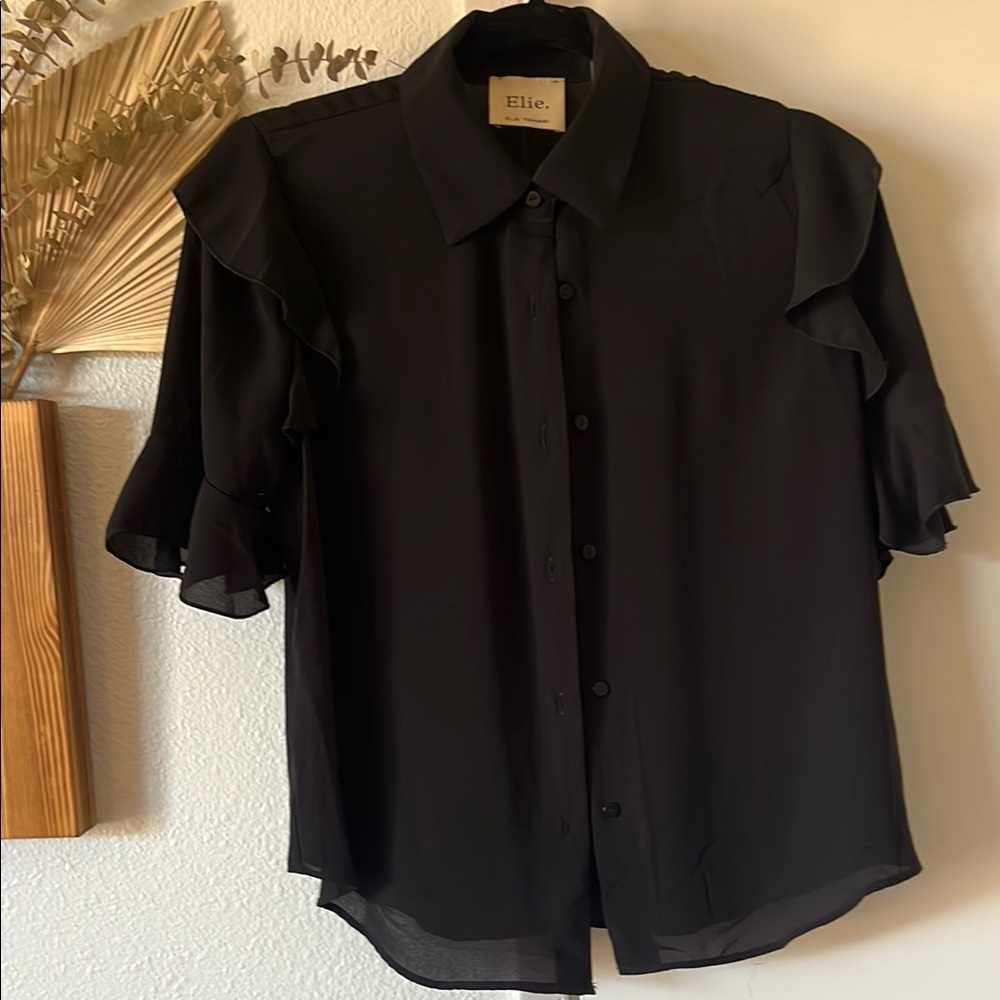 Elie Tahari Black Casual Button Down Shirt with Elegant Ruffles